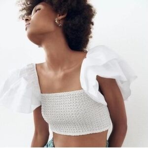 Zara contrast cropped rushed ruffle sleeve tie bow back white Large T9